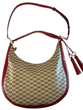Michael Kors Lauryn Signature Natural & Red Braided Leather Large Shoulder Bag
